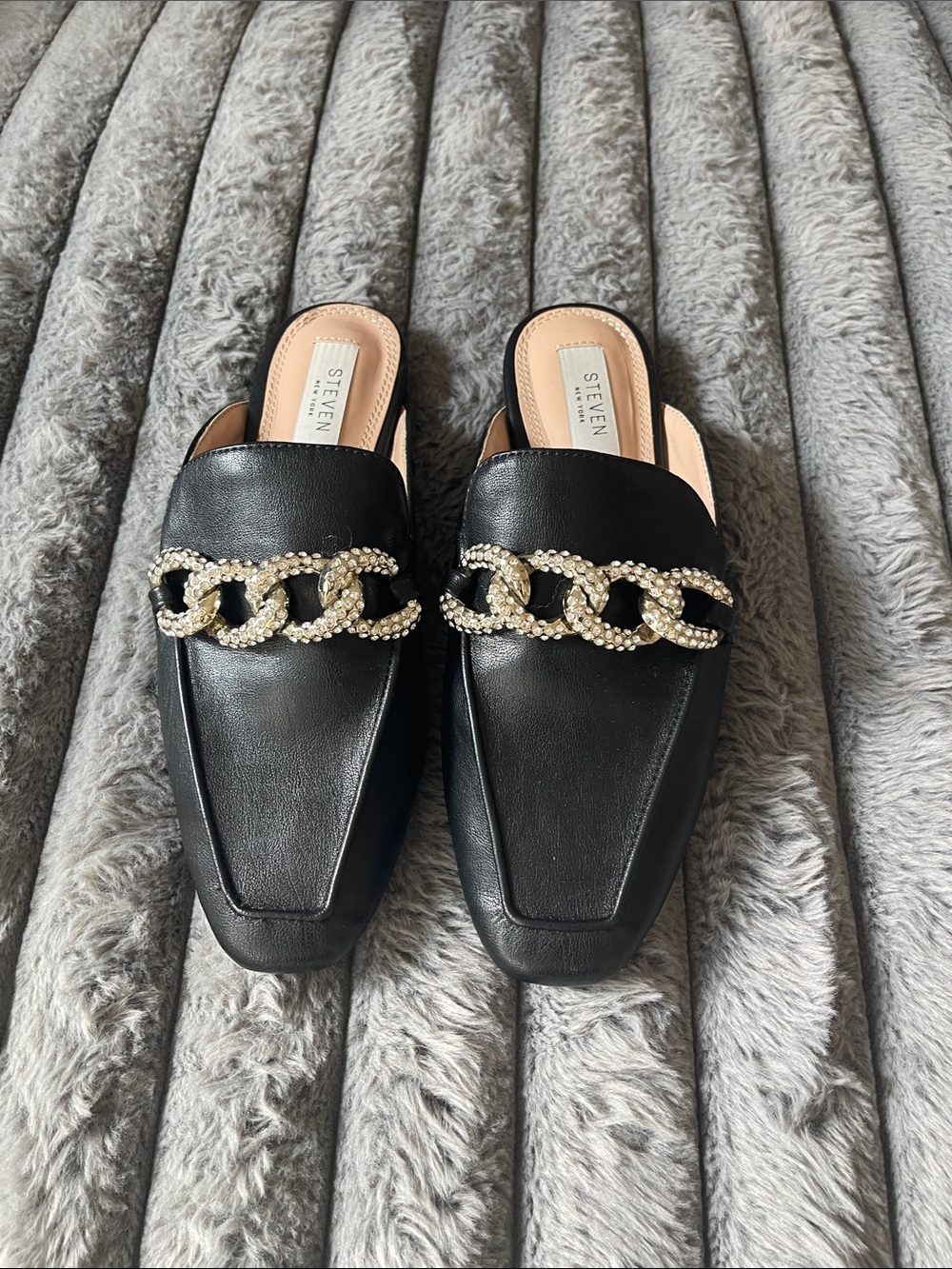 Steven Black Leather Pearl-Chain Slide Mules